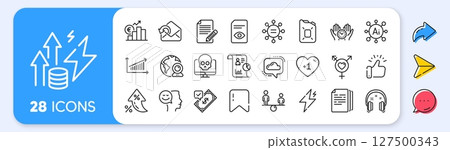 Chart, Power and Cyber attack line icons. Interest rate, AI generate, Inflation icons. Pack of Copy documents, Canister oil, Energy inflation icon. Send mail, Headphones, Safe time pictogram. Vector 127500343