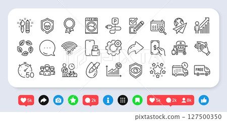 Clapping hands, Receive money and Cyber attack line icons pack. Social media: share, comment, like icons. Checkbox, Cogwheel, Charging parking web icon. Vector 127500350