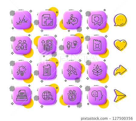 Inflation, International copyright and Talk line icons. App 3d buttons. Social media comment, share, like icons. Pack of Family questions, Creative idea, Typewriter icon. Vector 127500356