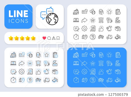 Atm money, No hearing and Ranking star line icons for web app. Message, Share, Like social media icons. Pack of Vip star, Fake news, Parcel insurance pictogram icons. Vector Atm money, No hearing and Ranking star line icons for web app. Message, Share, Like social media icons. Pack of Vip star, Fake news, Parcel insurance pictogram icons. Vector 127500379