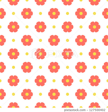 Seamless floral pattern featuring coral flowers with yellow centers in flat cartoon style on white background. Vector Seamless floral pattern featuring coral flowers with yellow centers in flat cartoon style on white background. Vector 127500402