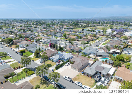 Day time aerial view of the Uptown area of Whittier, California. 127500404