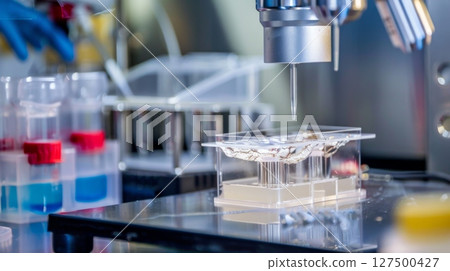 Futuristic bioprinter creates synthetic tissue using precision robotic tools in a sterile biotech lab filled with transparent vials and medical fluid containers 127500427