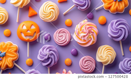Playful Halloween flat lay with pastel lollipops, swirled candies, spooky shapes, and festive sweets styled on a purple background for holiday celebration themes 127500428