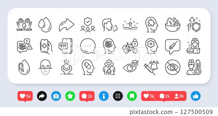 Salad, People insurance and Stress line icons pack. Social media: share, comment, like icons. Brain working, Mental conundrum, Face recognition web icon. Vector 127500509