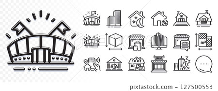 Court building, Balcony and Skyscraper buildings line icons for web app. Glare of light effect. Message icon. Pack of Shop, Sleep, Sports arena pictogram icons. Vector 127500553