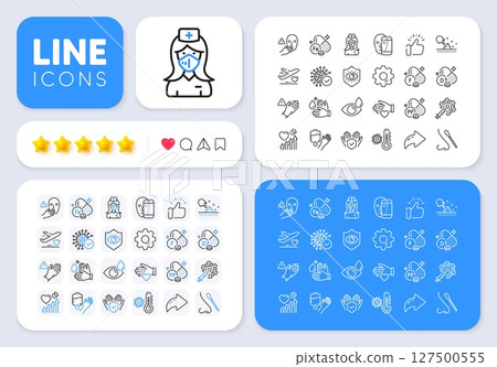 Medical flight, Coronavirus vaccine and Heart beat line icons for web app. Message, Share, Like social media icons. Pack of Eye protection, Niacin, Thermometer pictogram icons. Vector 127500555