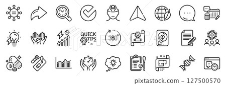 Chemistry dna, 360 degrees and Fair trade line icons pack. Share, Message, Paper plane icons. Article, Nasal test, Quick tips web icon. Timer, Coronavirus, Ethics pictogram. Vector 127500570