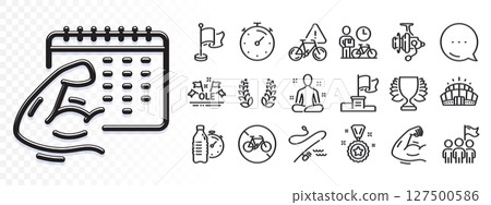 Fishing reel, Fishing rod and Arena stadium line icons for web app. Glare of light effect. Message icon. Pack of Winner, Bike attention, Bicycle prohibited pictogram icons. Vector 127500586