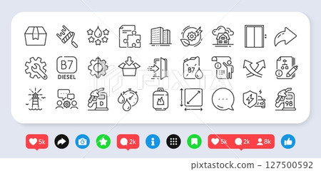 Engineering team, Lift and Quality line icons pack. Social media: share, comment, like icons. Strategy, Petrol station, Customisation web icon. Get box, Diesel, Lighthouse pictogram. Vector 127500592