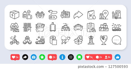 Delivery report, Rent car and Wholesale goods line icons pack. Social media: share, comment, like icons. Gps, Taxi, Package web icon. Paper wallpaper, Lighthouse, Fragile package pictogram. Vector 127500593