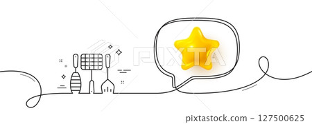 Grill tools line icon. Continuous line with 3d star. Barbecue utensils sign. Food cooking baskets and spatula symbol. 3d star in speech bubble. Grill tools single line ribbon. Vector 127500625