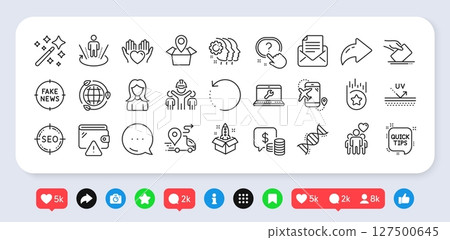 Wallet, Package location and Startup line icons pack. Social media: share, comment, like icons. Laptop repair, Coins, Employees teamwork web icon. Vector Wallet, Package location and Startup line icons pack. Social media: share, comment, like icons. Laptop repair, Coins, Employees teamwork web icon. Vector 127500645