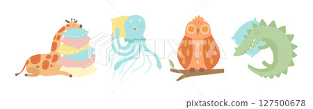 Cute Sleeping Animal Character on Soft Pillow Vector Set Cute Sleeping Animal Character on Soft Pillow Vector Set 127500678
