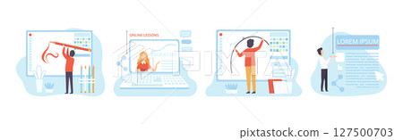 Man and Woman at Web and App Design and Development Vector Set 127500703