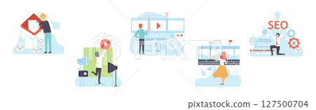 Man and Woman at Web and App Design and Development Vector Set 127500704