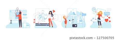 Man and Woman at Web and App Design and Development Vector Set 127500705
