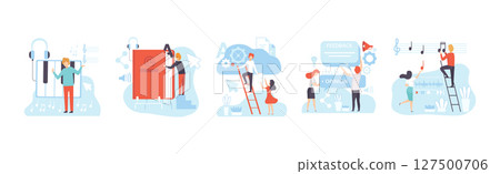 Man and Woman at Web and App Design and Development Vector Set 127500706