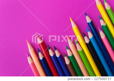 Much color pencils on the light pink background. Close up. Design concept. Space for text. Much color pencils on the light pink background. Close up. Design concept. Space for text. 127500717