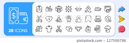 Tv stand, Wallet money and Cut line icons. Interest rate, AI generate, Inflation icons. Pack of Shopping rating, Shoes, Businessman case icon. Buyer, Online shopping, T-shirt pictogram. Vector Tv stand, Wallet money and Cut line icons. Interest rate, AI generate, Inflation icons. Pack of Shopping rating, Shoes, Businessman case icon. Buyer, Online shopping, T-shirt pictogram. Vector 127500786