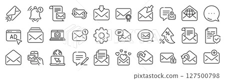 Mail message line icons. Settings gear, Message, Inflation icons. Newsletter, Email document, Correspondence icons. Received mail, Secure message and Web letter. Vector Mail message line icons. Settings gear, Message, Inflation icons. Newsletter, Email document, Correspondence icons. Received mail, Secure message and Web letter. Vector 127500798