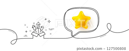 Fireworks rocket line icon. Continuous line with 3d star. Pyrotechnic salute sign. Carnival celebration lights symbol. 3d star in speech bubble. Fireworks rocket single line ribbon. Vector Fireworks rocket line icon. Continuous line with 3d star. Pyrotechnic salute sign. Carnival celebration lights symbol. 3d star in speech bubble. Fireworks rocket single line ribbon. Vector 127500808