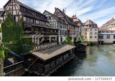 Photo of Strasbourg France with Cathedral and Traditional German Fachwerkhaus Architecture 127500837