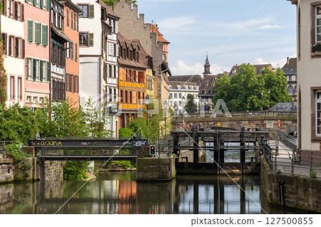 Photo of Strasbourg France with Cathedral and Traditional Fachwerkhaus Architecture German 127500855