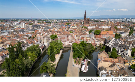 Drone View of Strasbourg, France Notre Dame Cathedral and Charming Half Timbered Houses 127500898