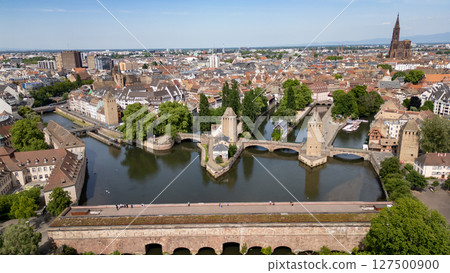 Drone View of Strasbourg, France Notre Dame Cathedral and Charming Half Timbered Houses 127500900