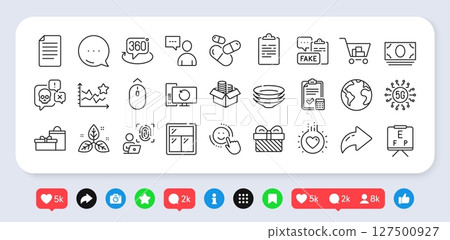 Smile, Dishes and Computer fingerprint line icons pack. Social media: share, comment, like icons. Accounting checklist, Swipe up, Love web icon. Fake document, 360 degree, Money box pictogram. Vector Smile, Dishes and Computer fingerprint line icons pack. Social media: share, comment, like icons. Accounting checklist, Swipe up, Love web icon. Fake document, 360 degree, Money box pictogram. Vector 127500927