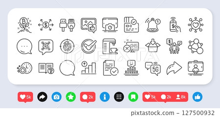 5g internet, Reject access and Integrity line icons pack. Social media: share, comment, like icons. Reminder, Speech bubble, Phone payment web icon. Vector 127500932