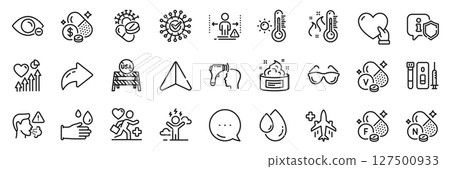 Weather thermometer, Rubber gloves and Cough line icons pack. Share, Message, Paper plane icons. Coronavirus, Difficult stress, High thermometer web icon. Vector Weather thermometer, Rubber gloves and Cough line icons pack. Share, Message, Paper plane icons. Coronavirus, Difficult stress, High thermometer web icon. Vector 127500933