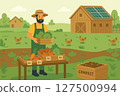 Support Local Farmers Eco Shopping with Fresh Vegetables. Sustainable Farm Market Set Flat Vector Elements of Eco Farm, Farmers, Compost, Chickens, and Organic Produce 127500994