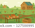 Support Local Farmers Eco Shopping with Fresh Vegetables. Sustainable Farm Market Set Flat Vector Elements of Eco Farm, Farmers, Compost, Chickens, and Organic Produce 127500995