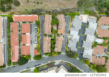 Aerial top view of townnhouse condonium houses in Carlsbad, North County San Diego Aerial top view of townnhouse condonium houses in Carlsbad, North County San Diego 127501041