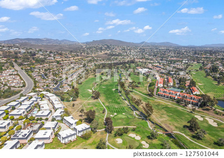 Aerial view of golf surrounded by villas and condos with golf in Carlsbad, North County San Diego Aerial view of golf surrounded by villas and condos with golf in Carlsbad, North County San Diego 127501044
