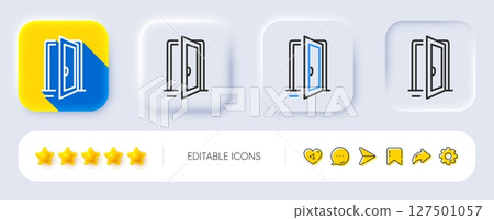 Open door line icon. Neumorphic, Flat shadow, 3d buttons. Entrance doorway sign. Building entry symbol. Line open door icon. Social media icons. Vector 127501057