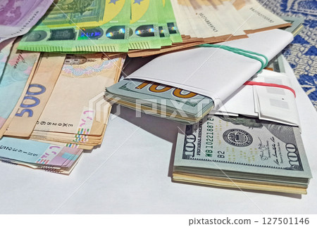 Packs of money US dollars Euro Ukrainian hryvnia. Ukrainian currency 127501146