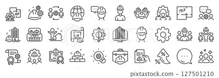 Engineering line icons. Settings gear, Message, Inflation icons. Teamwork, People and Technical documentation. Blueprint with gear, engineer and construction helmet set icons. Vector 127501210