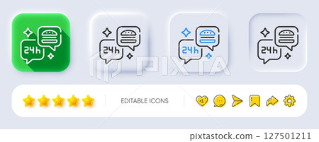 Food delivery line icon. Neumorphic, Flat shadow, 3d buttons. Fast food service sign. 24 hours meal order symbol. Line food delivery icon. Social media icons. Vector 127501211