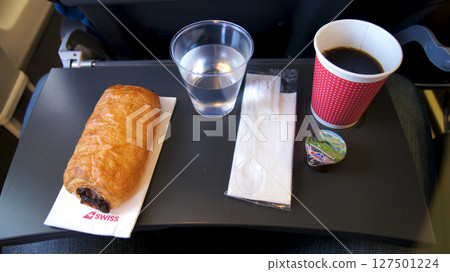 Zurich, Switzerland, April 15, 2015: Inflight Breakfast with coffee 127501224