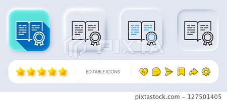 Certificate line icon. Neumorphic, Flat shadow, 3d buttons. Certified document sign. Medal or stamp symbol. Line certificate icon. Social media icons. Vector 127501405