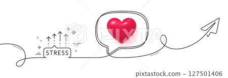 Stress grows line icon. Continuous line with share plane. Anxiety depression chat sign. Mental health symbol. 3d heart in speech bubble. Stress grows single line ribbon. Loop curve pattern. Vector 127501406