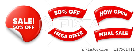 Sale sticker, Sale offer ribbons. Now open, Mega discount. Sale 50 percent off discount. Promotion price offer sign. Retail badge symbol. Red sticker tag. Flag ribbon banners. Vector 127501411