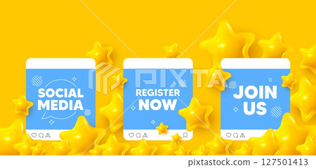 Register now social media post. Join us template mockup. Register now tag. Free registration offer. Create an account message. Like, comment and share icons. Vector 127501413