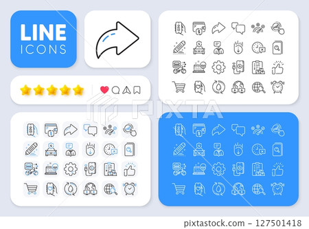 Search files, Scroll down and Video conference line icons for web app. Message, Share, Like social media icons. Pack of Market sale, Wallet, Time pictogram icons. Vector 127501418