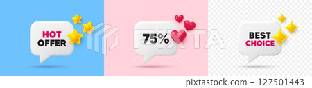 Discount chat speech bubble. 3d stars, sparkles, hearts chat bubbles. 75 percent off sale tag. Discount offer price sign. Special offer symbol. Hot offer, best choice tag. Vector 127501443