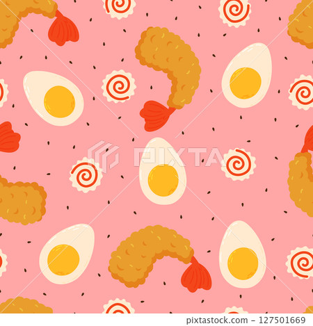 Tempura shrimp, egg, narutomaki and sesame seamless pattern on pink background 127501669