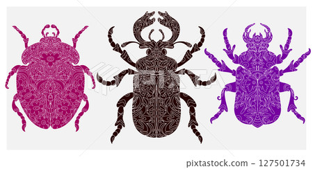 Beetle with botanical cut-out pattern, linocut style, detailed print, natural motifs. Beetle with botanical cut-out pattern, linocut style, detailed print, natural motifs. 127501734